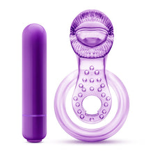 Load image into Gallery viewer, Play With Me Lick It Vibrating Double Strap Cock Ring Purple
