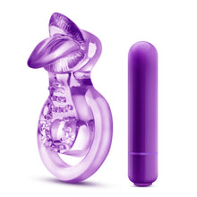 Load image into Gallery viewer, Play With Me Lick It Vibrating Double Strap Cock Ring Purple
