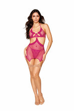 Load image into Gallery viewer, Fishnet &amp; Lace Garter Slip Set Beet O/s
