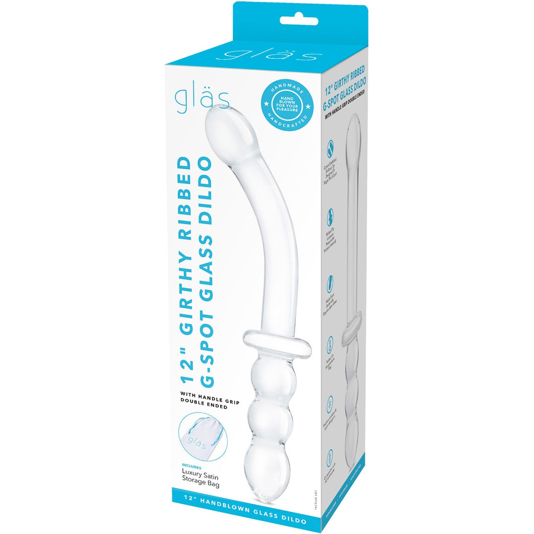 Glas 12in Girthy Ribbed G-spot Glass Dildo W/ Handle Grip