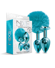 Load image into Gallery viewer, Nixie Metal Butt Plug Set Pom Pom &amp; Jewel Blue Metallic
