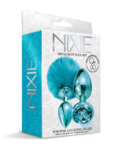 Load image into Gallery viewer, Nixie Metal Butt Plug Set Pom Pom &amp; Jewel Blue Metallic
