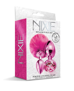 Nixie Metal Butt Plug Set Pom Pom & Jewel Pink Metallic