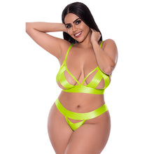 Load image into Gallery viewer, Strap Tease Bra &amp; Crotchless Panty Neon Yellow 2xl
