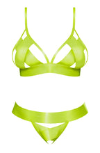 Load image into Gallery viewer, Strap Tease Bra &amp; Crotchless Panty Neon Yellow 2xl
