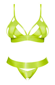 Strap Tease Bra & Crotchless Panty Neon Yellow 2xl