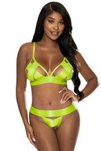 Load image into Gallery viewer, Strap Tease Bra &amp; Crotchless Panty Neon Yellow S/m
