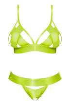 Load image into Gallery viewer, Strap Tease Bra &amp; Crotchless Panty Neon Yellow S/m
