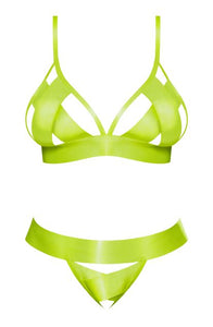 Strap Tease Bra & Crotchless Panty Neon Yellow S/m