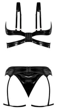 Load image into Gallery viewer, Liquid Onyx Cut Out Bra Panty &amp; Stirrup Garter Black L/xl
