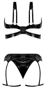 Liquid Onyx Cut Out Bra Panty & Stirrup Garter Black L/xl