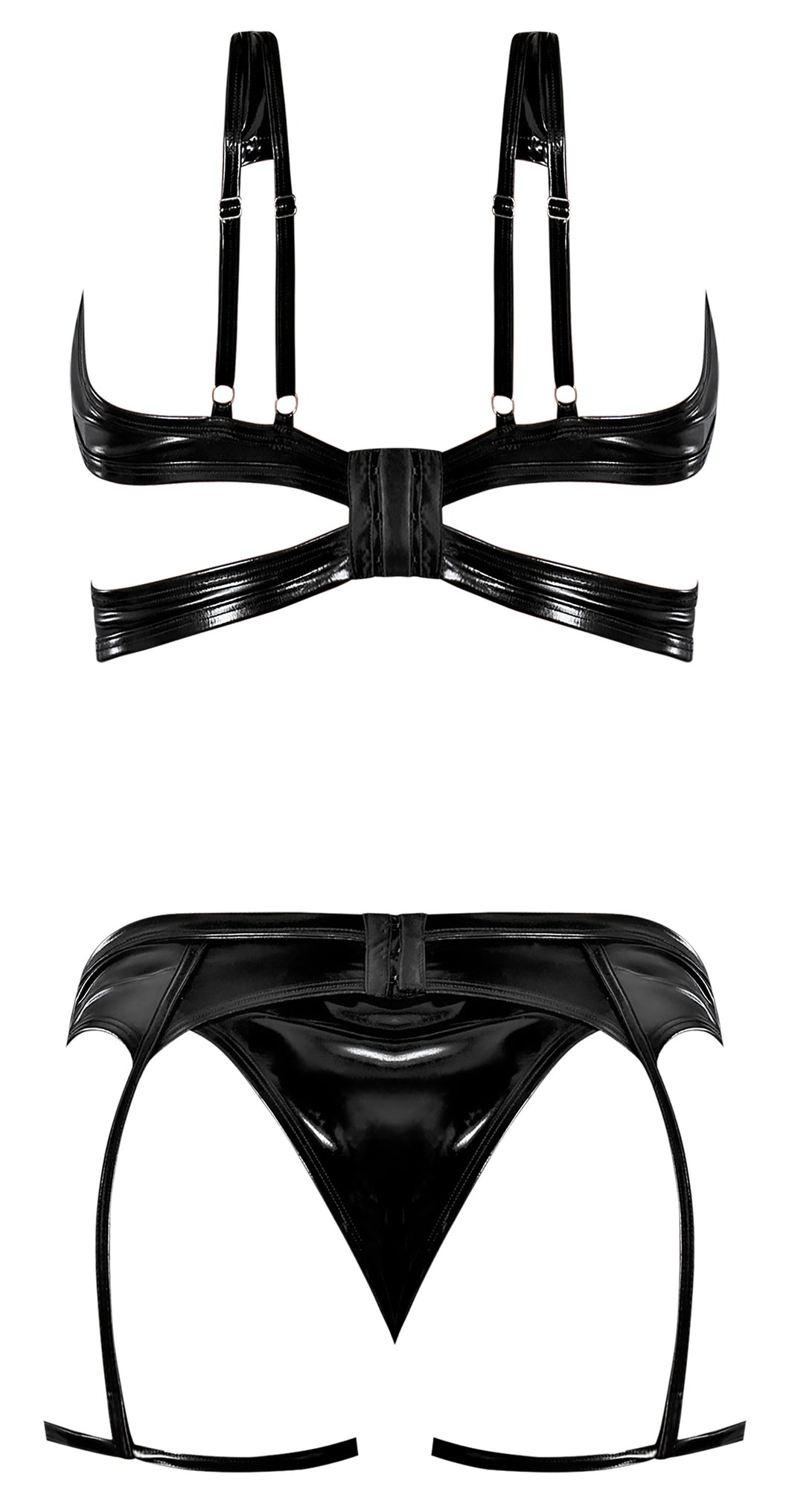 Liquid Onyx Cut Out Bra Panty & Stirrup Garter Black L/xl