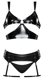 Liquid Onyx Cut Out Bra Panty & Stirrup Garter Black L/xl