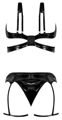 Liquid Onyx Cut Out Bra Panty & Stirrup Garter Black L/xl