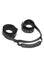 Load image into Gallery viewer, B&amp;w Bonded Leather Hand Cuffs W/ Handle &amp; Adjustable Straps
