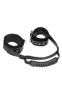 B&w Bonded Leather Hand Cuffs W/ Handle & Adjustable Straps