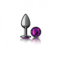 Load image into Gallery viewer, Cheeky Charms Round Purple Small Gunmetal Butt Plug
