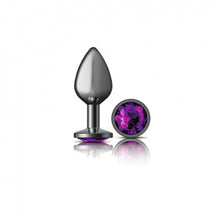 Load image into Gallery viewer, Cheeky Charms Round Purple Medium Gunmetal Butt Plug
