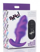 Load image into Gallery viewer, Bang! 21x Vibrating Silicone Swirl Butt Plug W/ Remote Purple
