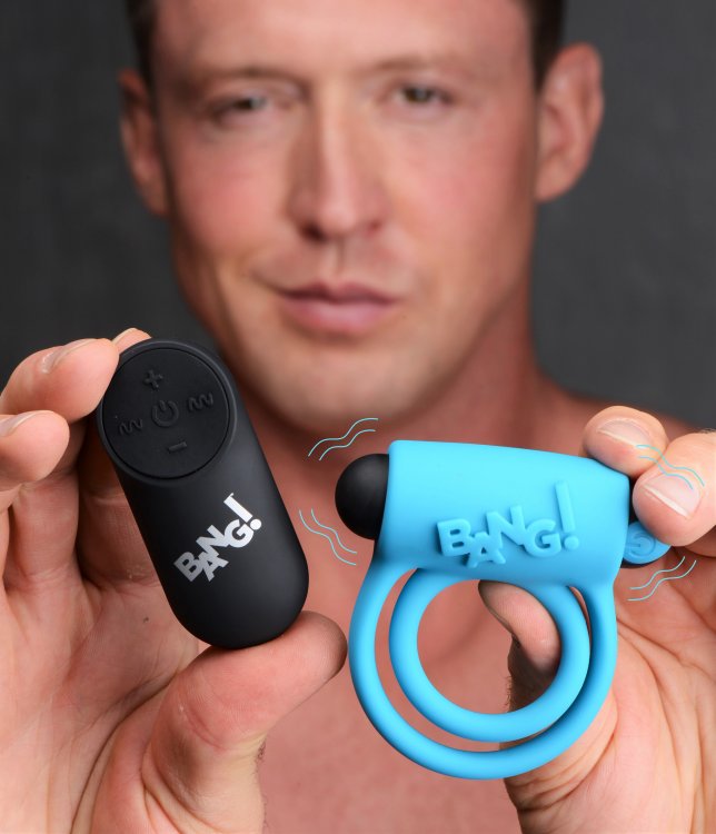 Bang! Silicone Cock Ring & Bullet W/ Remote Blue