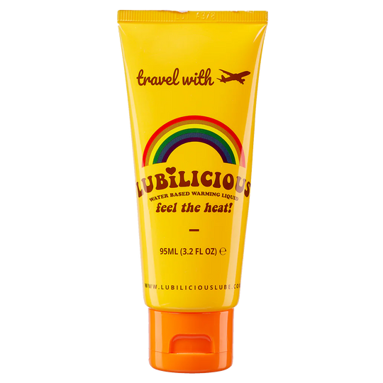 Lubilicious warming lube, Feel the Heat, a water-based to go tube, travel sized liquid in a 3.2 oz tube with a vibrant fun yellow design