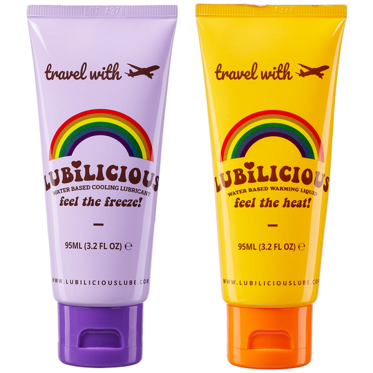 Lubilicious water-based cooling and warming lubricants combo in colorful 3.2 oz travel-sized tubes, temperature play on the go, Feel the Freeze and Feel the Heat!